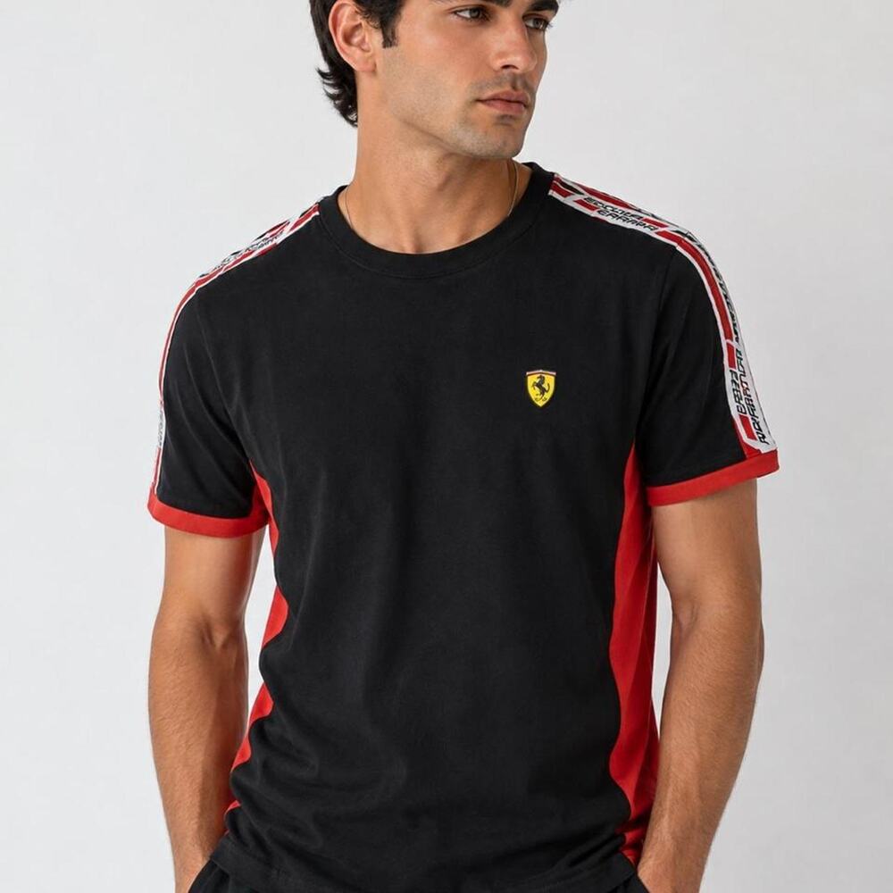 Ferrari black/red t-shirt with white/red stripes on shoulders and sleeves, siz S
